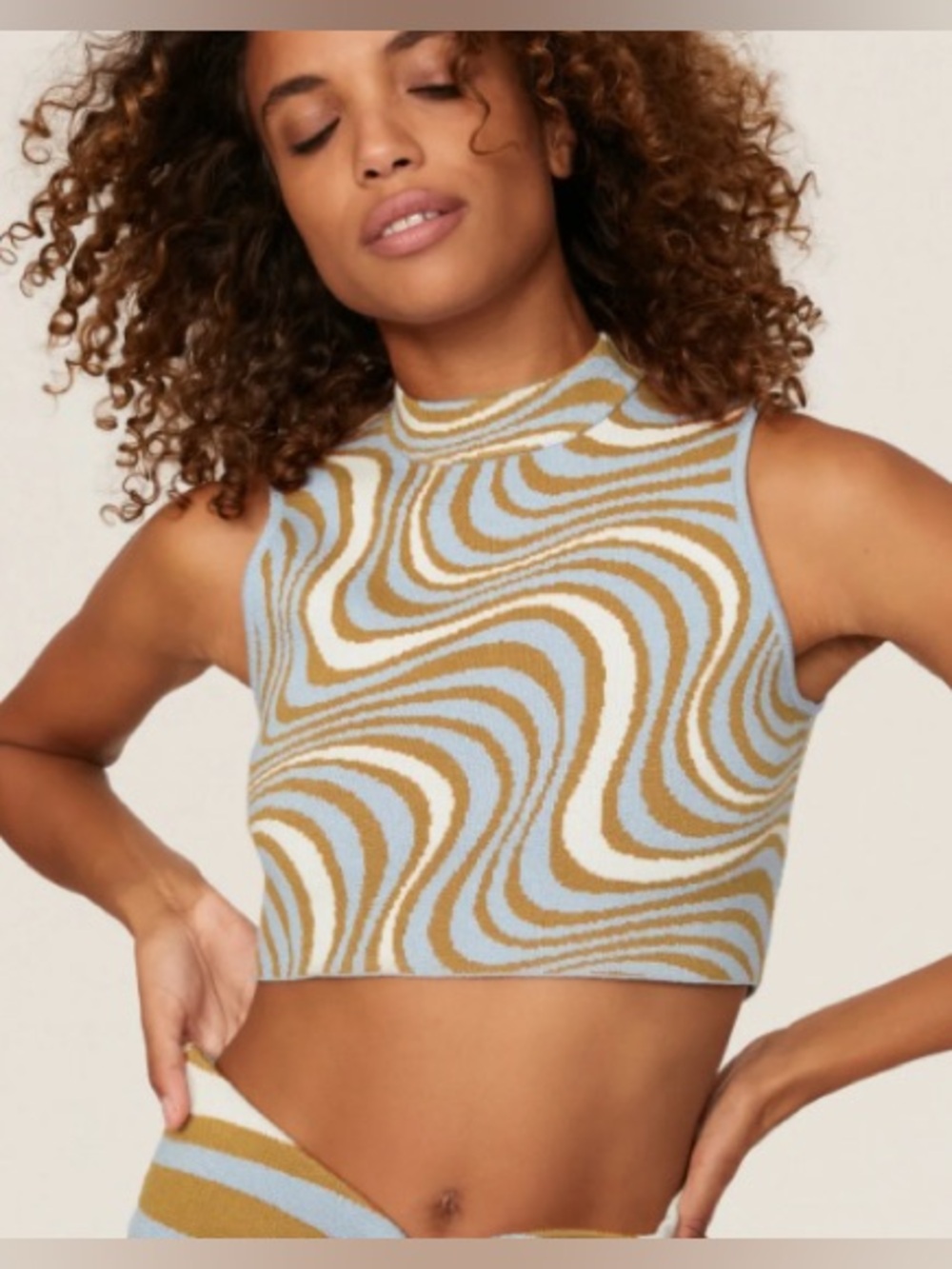 RHODE Crop Tank Top/Blue & Tan Abstract/Size M
